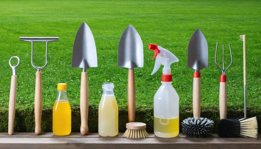 Garden tools being cleaned with eco-friendly vinegar solution