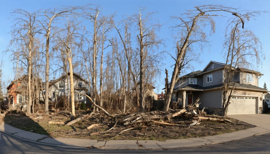Large damaged tree leaning toward residential home in winter showing urgent tree service need