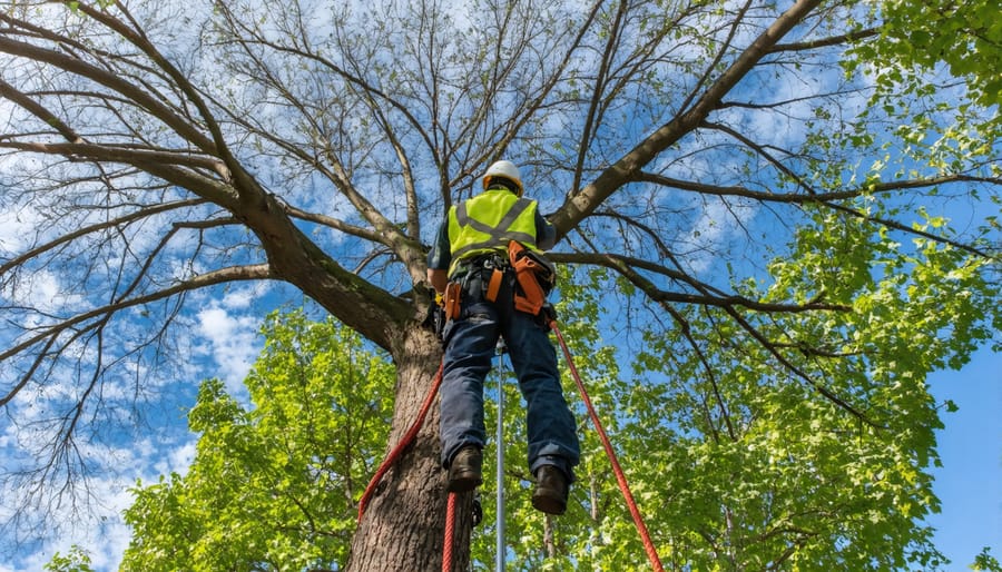 Professional arborist inspecting healthy tree during preventative maintenance service