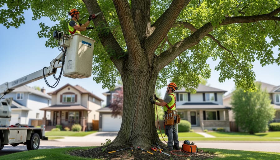 Professional arborist pruning mature tree in residential neighborhood setting