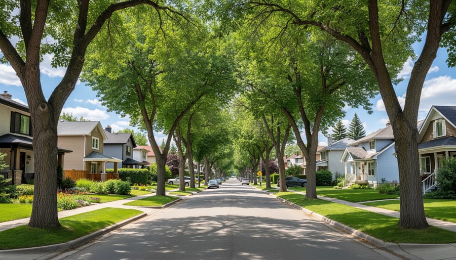 Aerial view of Edmonton residential neighborhoods with tree-lined streets and green spaces
