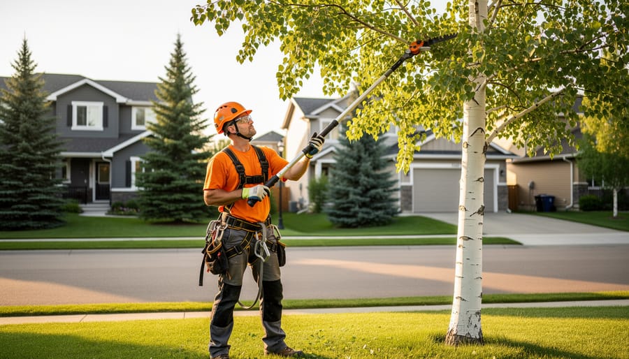 Arborist wearing safety helmet and harness uses a telescoping pole pruner to trim a mature aspen in a tidy Edmonton front yard at golden hour, with softly blurred houses, spruce trees, and a quiet residential street in the background.