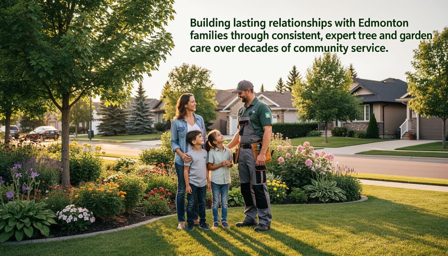 Family in front of well-maintained garden showing results of long-term professional care