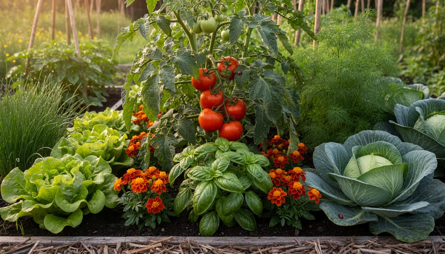 Garden bed with companion plants including herbs and leafy greens growing side by side