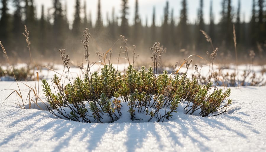 Gardener beside hardy evergreen shrubs and snow-covered landscape in winter