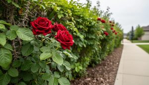 Close view of a thorny rose hedge and green plants along a residential property line under soft daylight.