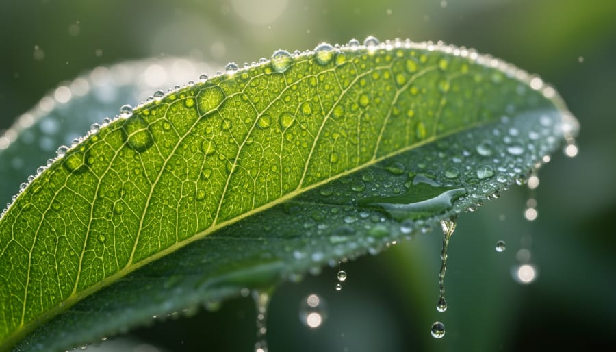 Close-up of green plant leaves with visible veins and small water droplets