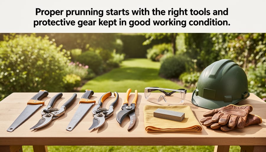 Close view of pruning tools and gloves arranged on a workbench