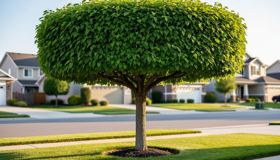 Healthy leafy tree canopy viewed from below in a residential neighborhood