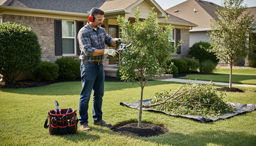 Homeowner wearing safety glasses and gloves trimming a tree branch from a stable ladder