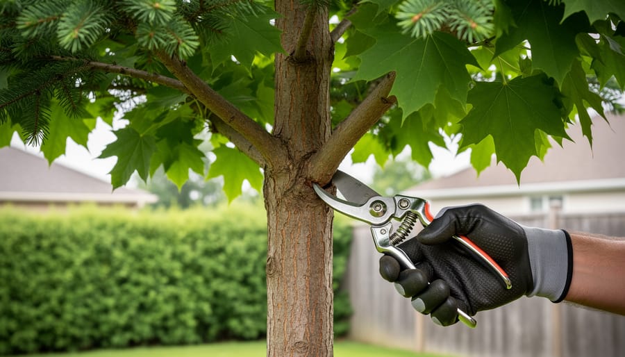 Gloved arborist hand using pruning shears to trim a healthy tree near the branch collar in an urban backyard setting.