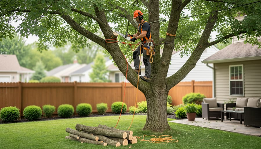 Arborist using a pole pruner while standing safely beneath tree branches over a residential driveway.