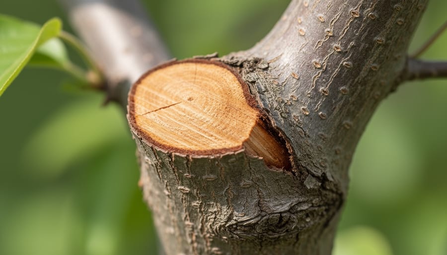 Close-up of a pruning saw making a clean cut on a small tree branch, showing bark texture and cut area.