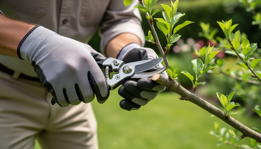 Homeowner wearing gloves using hand pruners on a healthy tree branch in a yard.