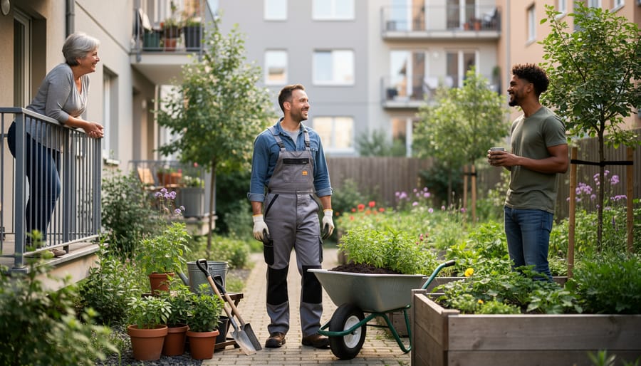 A gardener watering plants while two neighbors chat at a front porch
