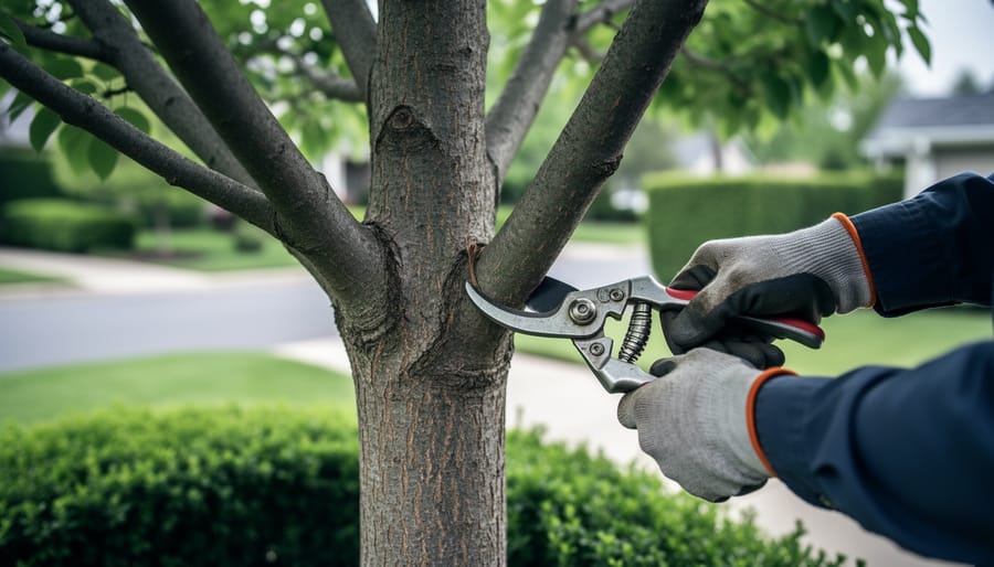 “Gloved gardener hands using pruners to make a careful pruning cut on a residential tree branch in daylight.”