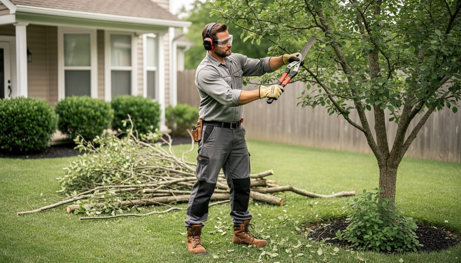 Person wearing protective equipment and holding a pruning saw near a tree limb in a backyard.