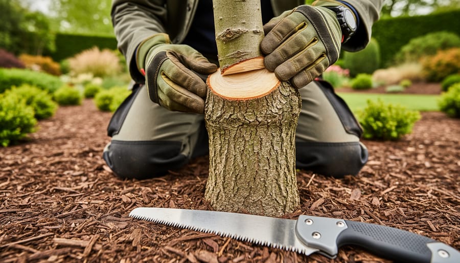 Arborist kneeling at the base of a tree trunk with a pruning saw near a cleanly trimmed branch stub, showing intact surrounding bark.