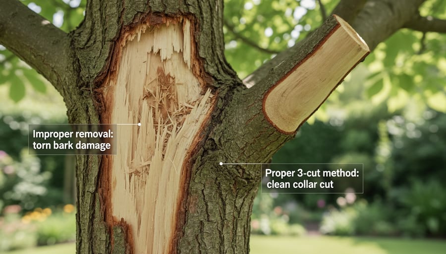 Fallen tree limb on mulch showing torn bark texture from improper limb removal.