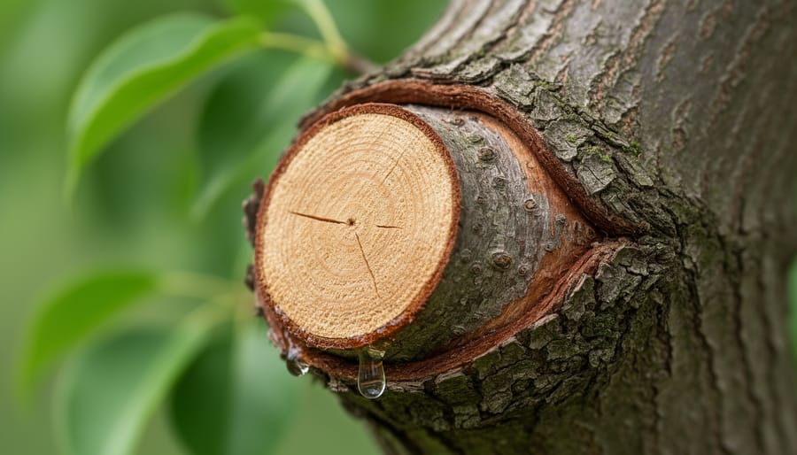 Close-up of a tree trunk branch collar showing a clean pruning cut and intact bark.